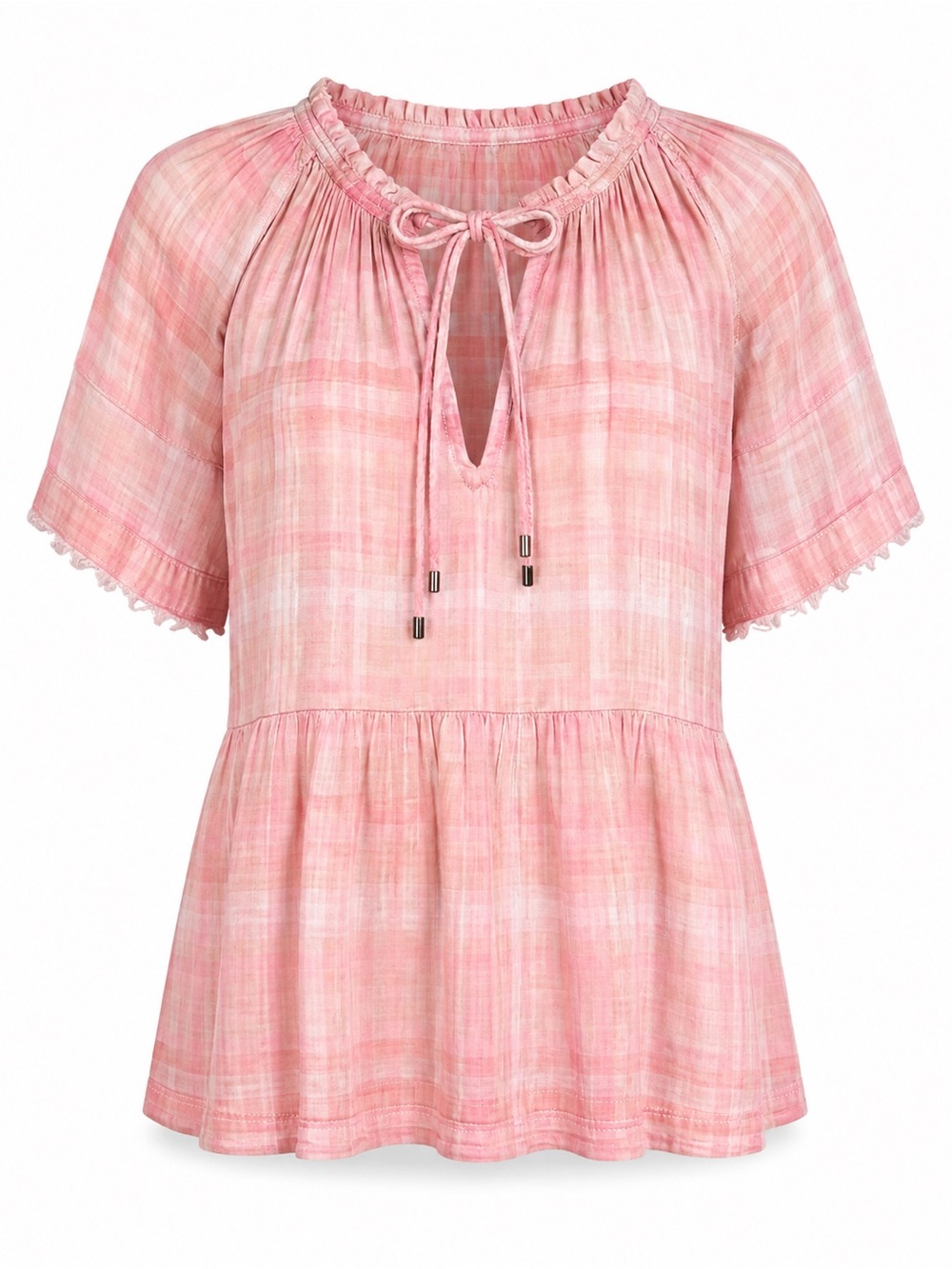 Pilcro By Anthropologie Peasant Blouse Pink Peach Plaid Cotton Size Medium